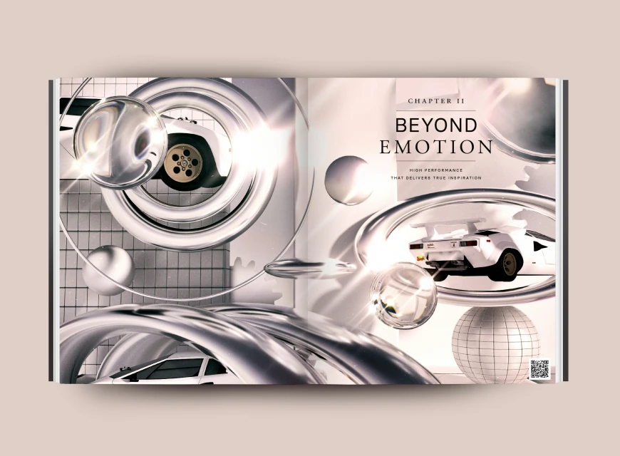 An open magazine displays a surreal car rendering with abstract shapes and geometric patterns in a modern, artful composition.