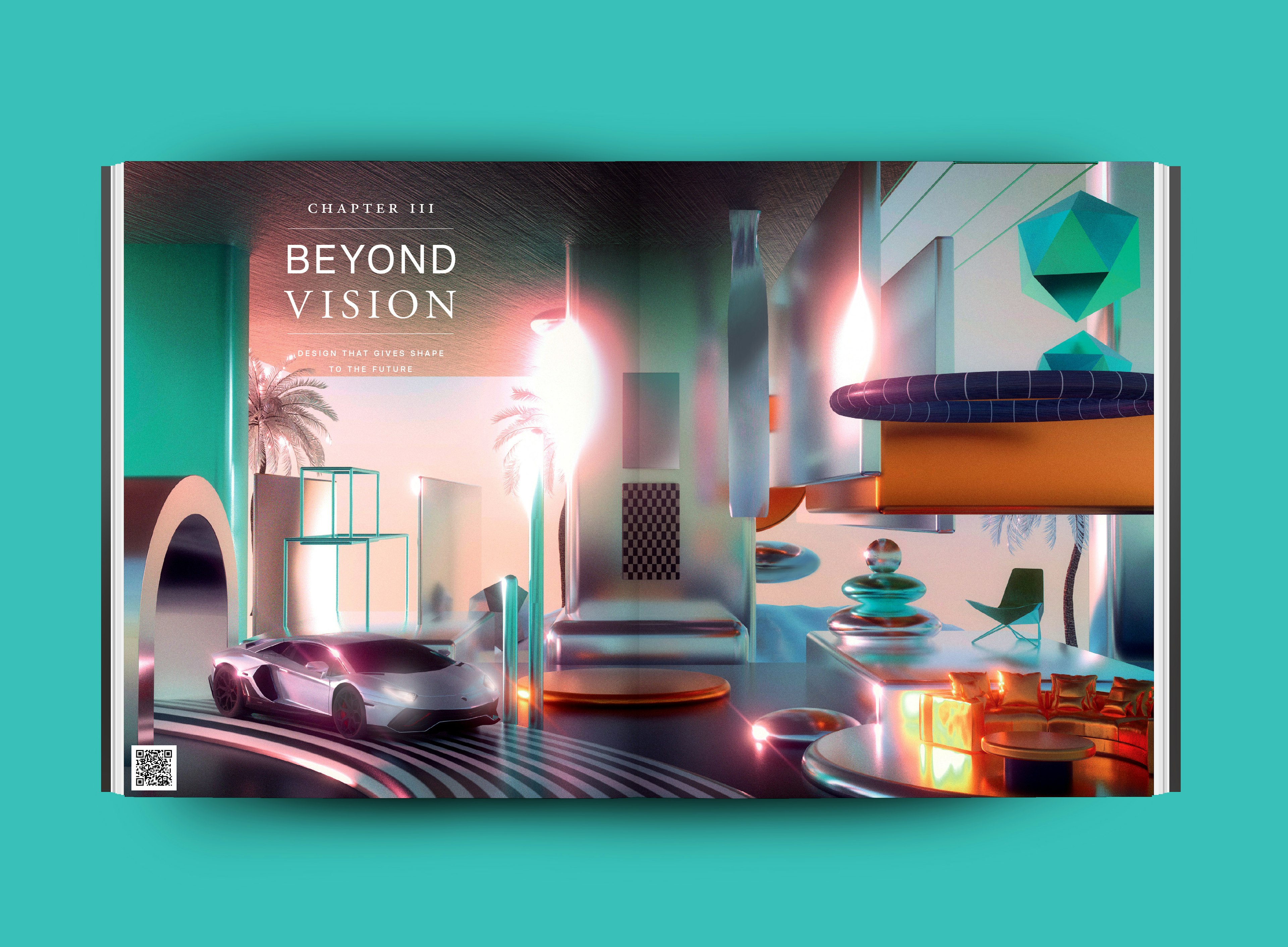 Abstract digital art featuring a sports car amidst stylized architectural elements and geometric shapes with a futuristic and modern aesthetic.