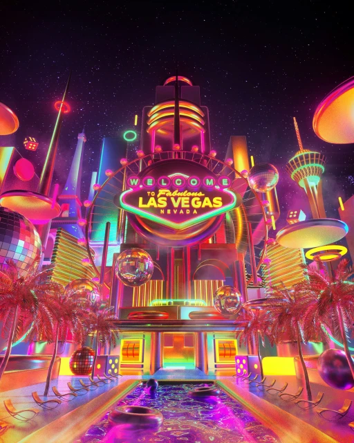 Digital art rendering of Las Vegas, Nevada, with neon signs and palm trees, showcasing a vibrant and fantastical cityscape at night.