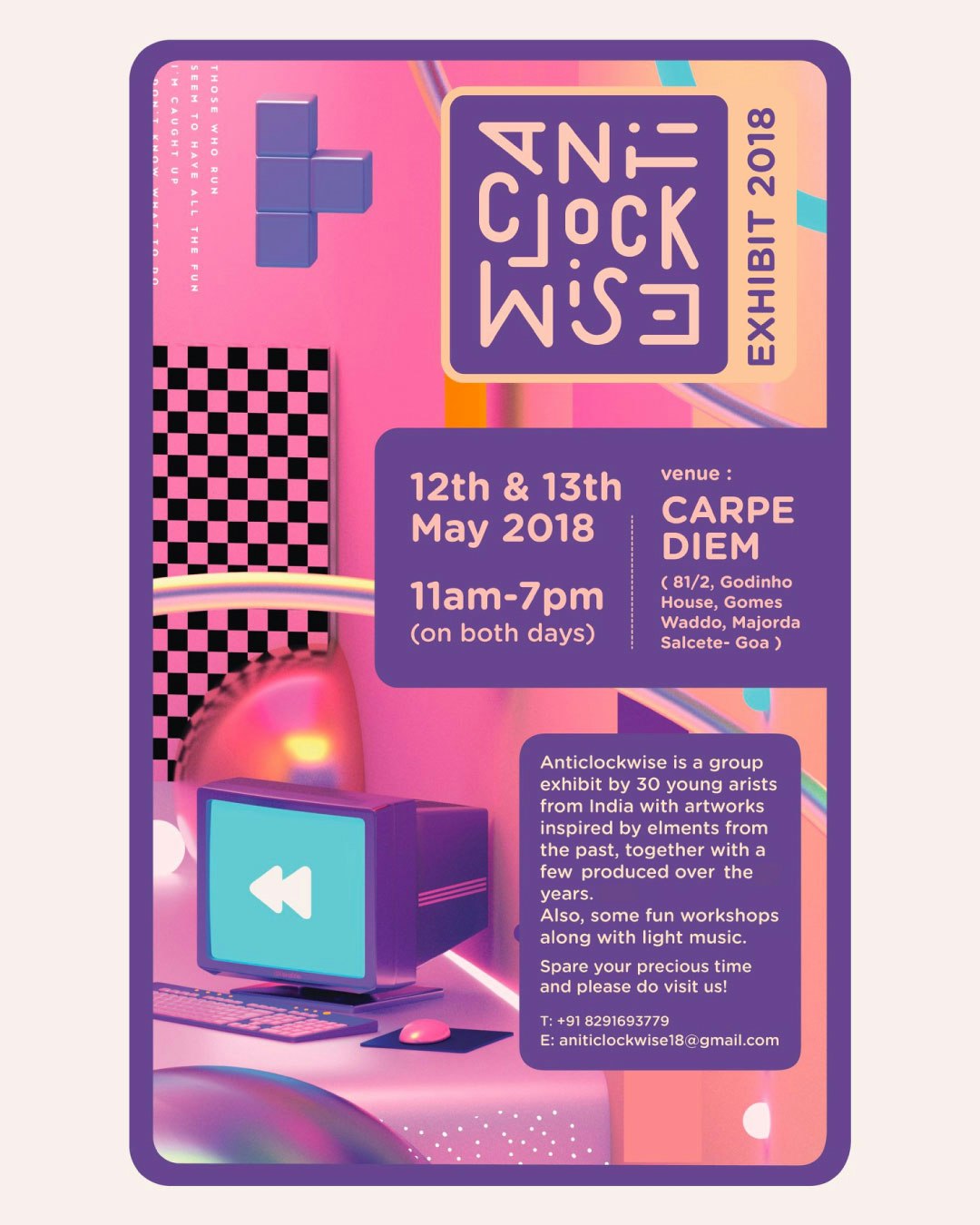 Flyer for an art exhibit entitled Anticlockwise in May 2018, featuring retro-futuristic digital artwork, in shades of purple and pink.