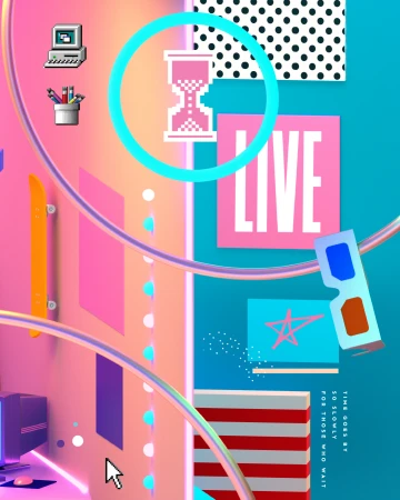 Abstract digital art with a vintage computer, hourglass, 3D glasses, and geometric shapes in a retro-futuristic design on a bright background.