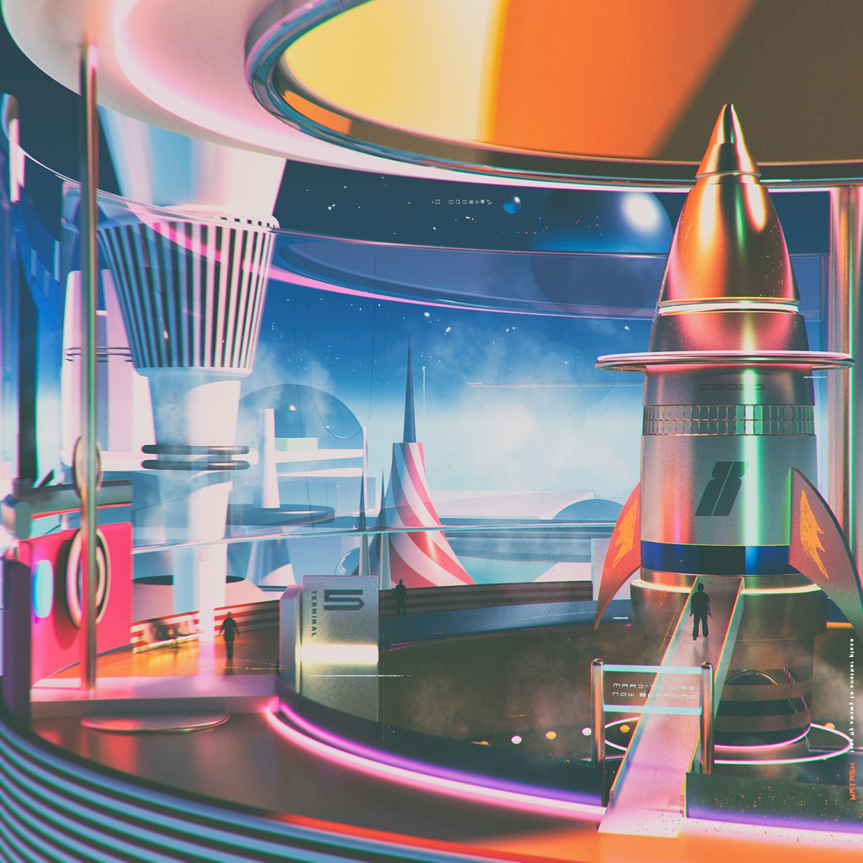 Futuristic scene features a rocket ship on a platform in a brightly lit indoor setting with architectural elements and distant landscape views.