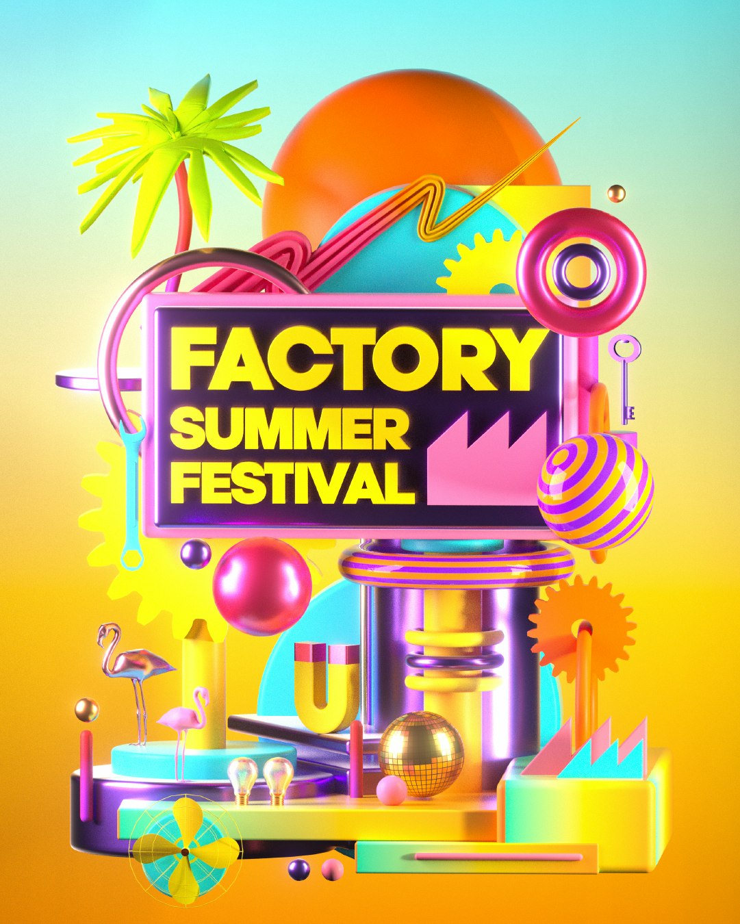 Factory Summer Festival graphic art featuring a sign with text, 3D objects, geometric shapes, palm tree, and vibrant orange and yellow colors.
