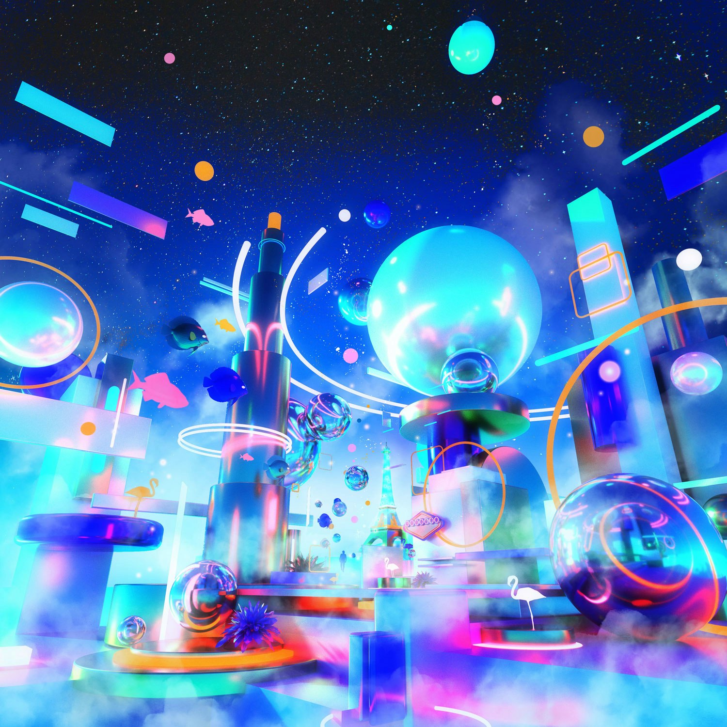 Abstract CGI image featuring spheres, towers, neon lighting, and geometric shapes against a starry blue background with cloud details.