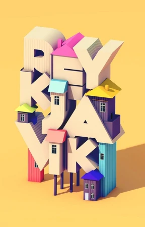 Architectural illustration of the word Reykjavik with colourful houses built on letters against a yellow background, creating a whimsical design.