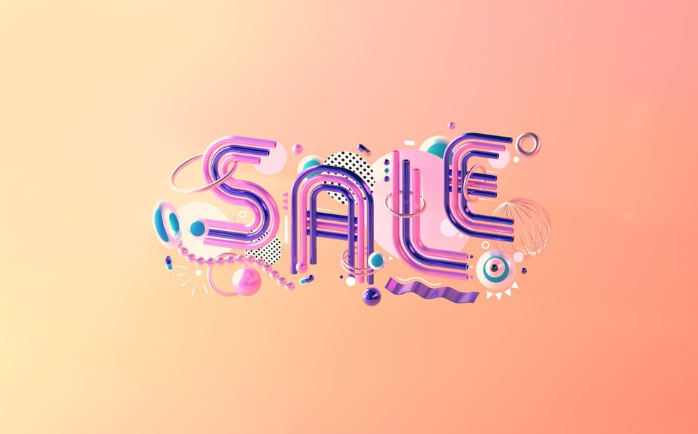 3D render of the word 'SALE' constructed from colorful tubes, spheres, and geometric shapes against a graduated peach background.