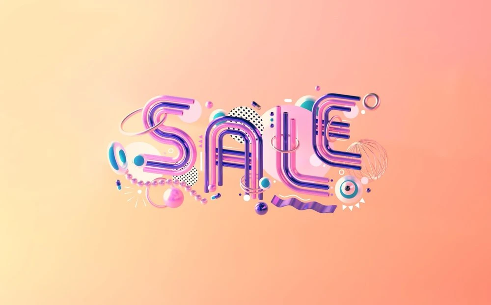 3D render of the word 'SALE' constructed from colorful tubes, spheres, and geometric shapes against a graduated peach background.