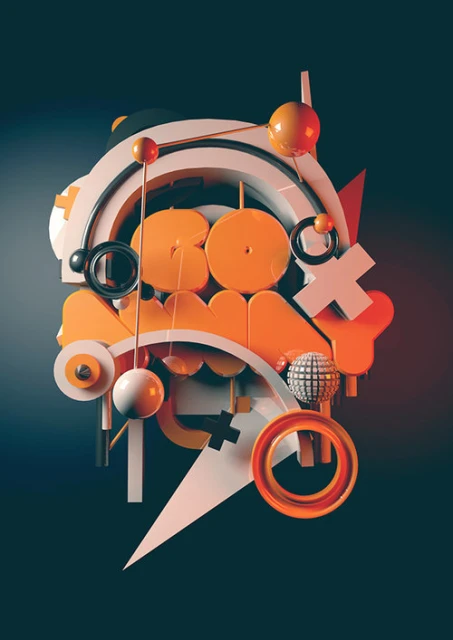 Abstract geometric composition with orange and white shapes, spheres, and rings against a dark background in a studio setting.
