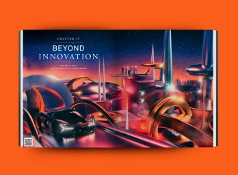 A futuristic dark sports car sits on a glossy purple roadway surrounded by metallic geometric structures and a starry sunset sky.