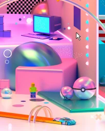 3D rendered surreal pink interior with retro computer, toy car, and metallic spheres by Prateek Vatash
