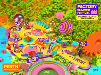 Colorful 3D rendered festival map illustration by Prateek Vatash with stages, rides, and zones across a vibrant yellow and green landscape