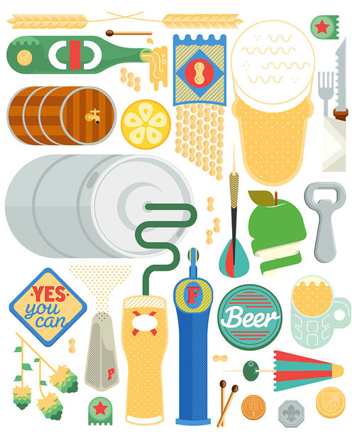 Illustration of various beer-related items including glasses of beer, beer bottles, keg, hops, and snacks, arranged on a white background.