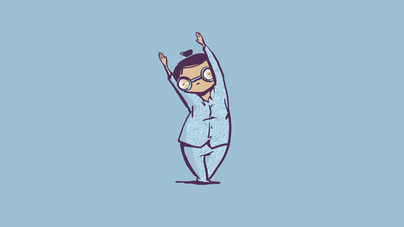 Illustration of a person wearing glasses and pajamas standing with their arms raised against a light blue background.