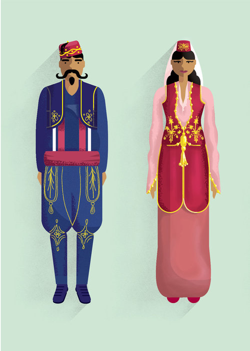 Illustration of a man and woman in traditional folk clothing, side-by-side, facing forward on a light green background, artful design.