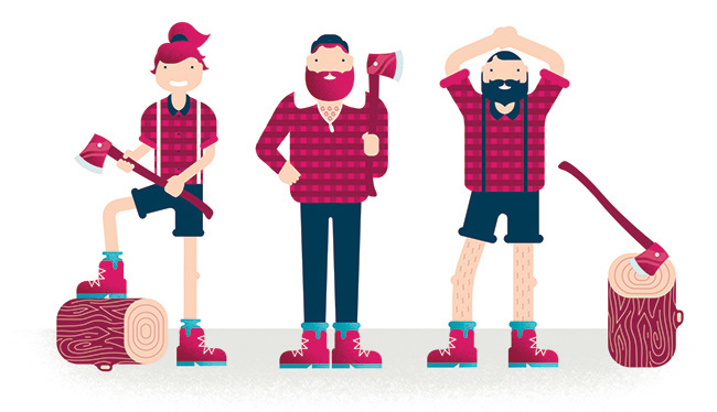 Illustration of three flat-style cartoon lumberjacks with red and black checkered shirts holding axes standing against a white backdrop.
