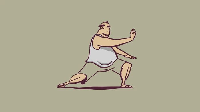 Illustration of a man in a white tank top and shorts performing a martial arts stance.