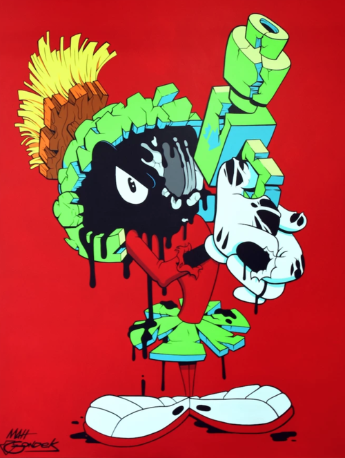 Illustration of cartoon character with dripping black paint and geometric gun against a red background, signed by Matt Gondek.
