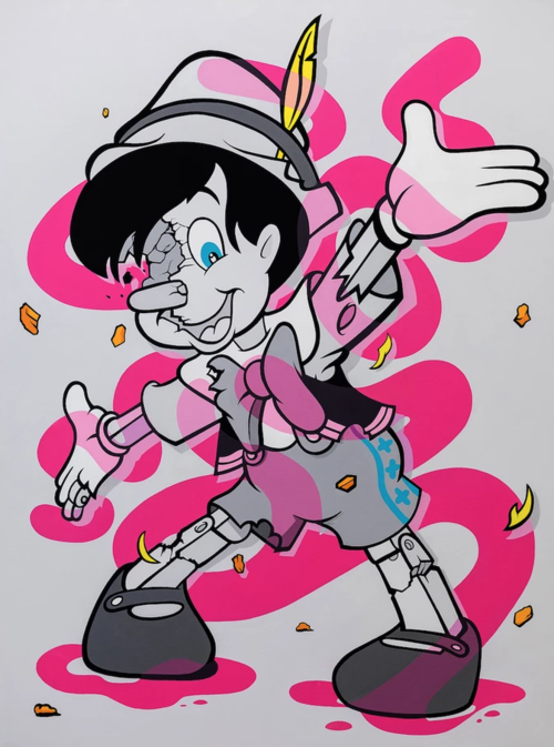 Illustration of cartoon character with fractured head and party hat with feather, standing in front of pink spiral background.