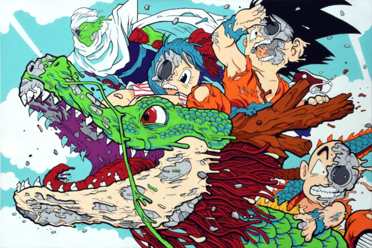 Illustration of a dragon and Dragon Ball Z characters including Goku, Piccolo, Krillin, and Bulma against a blue and white sky background.