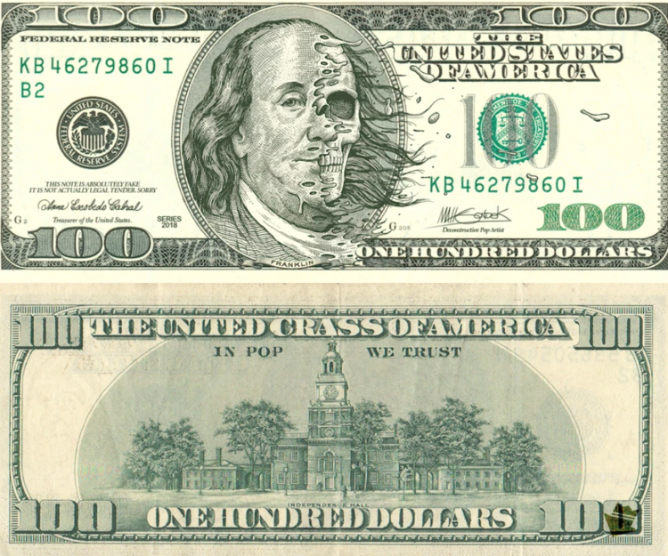 Artistic altered one hundred dollar bill with a partial skeletal face replacing Benjamin Franklin in a conceptual money statement.