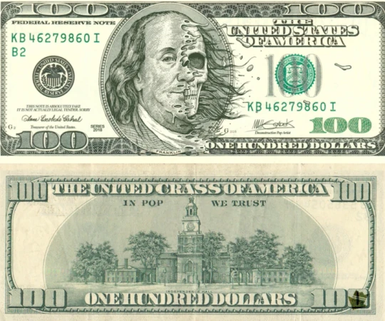 Artistic altered one hundred dollar bill with a partial skeletal face replacing Benjamin Franklin in a conceptual money statement.
