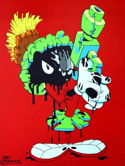 Illustration of a deconstructed cartoon character holding a ray gun against a solid red background by illustrator Matt Gondek.