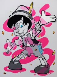 Deconstructed illustration of Pinocchio by Matt Gondek featuring exposed mechanical parts and pink splatters.