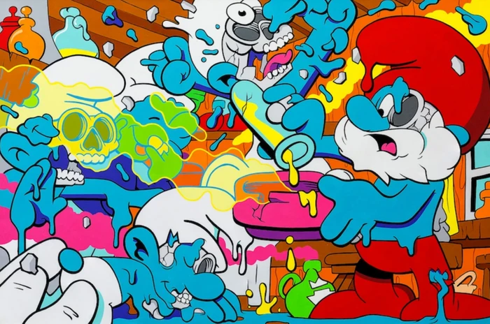 An illustration by Matt Gondek featuring melting cartoon characters with visible skulls and vibrant splashing paint.