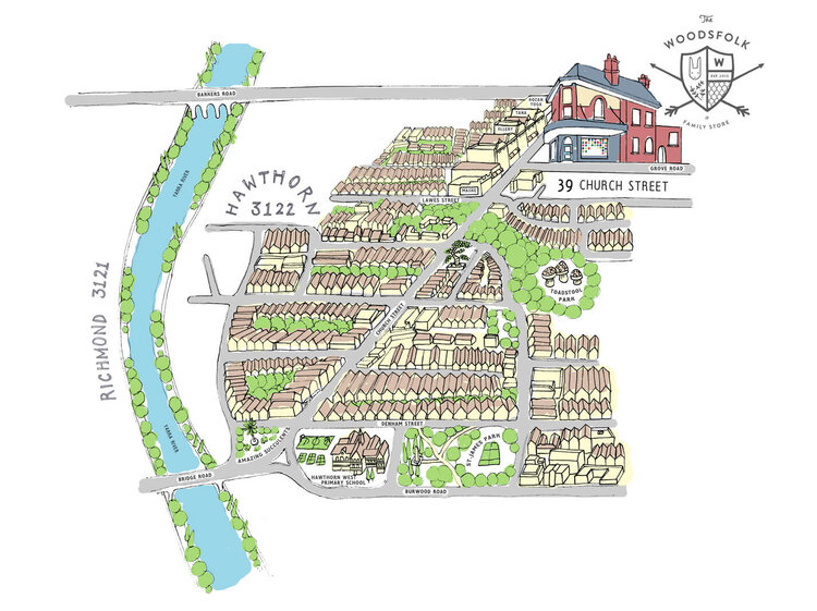 Hand-drawn neighborhood map illustration showcasing local businesses, homes, streets, river, and green spaces in an artistic style.