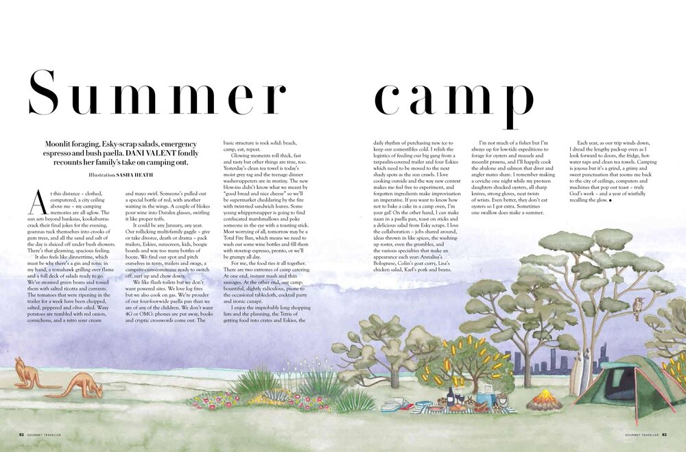 Whimsical illustration of an outdoor camping scene with kangaroos, native Australian trees, a green tent, and camping accessories.