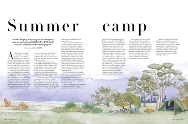 Illustrated magazine spread titled Summer camp featuring text columns and a landscape watercolour scene with trees, a tent and kangaroos