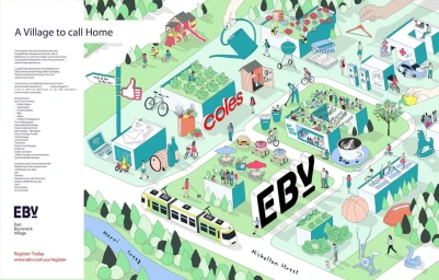 An illustrated aerial map of East Brunswick Village showing buildings, amenities, and small figures by illustrator Sasha Heath.