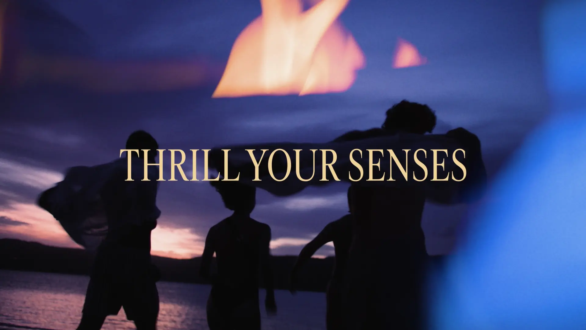 Silhouetted figures dance at dusk near a lake, with vibrant sky and bold text overlay 'Thrill Your Senses' in warm gold tones.