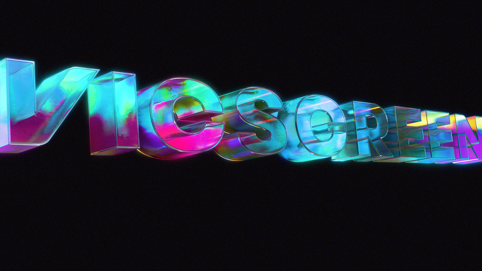 Iridescent 3D text art with the word 'VICSCREEN' against a dark background, featuring rainbow hues and a modern digital style.