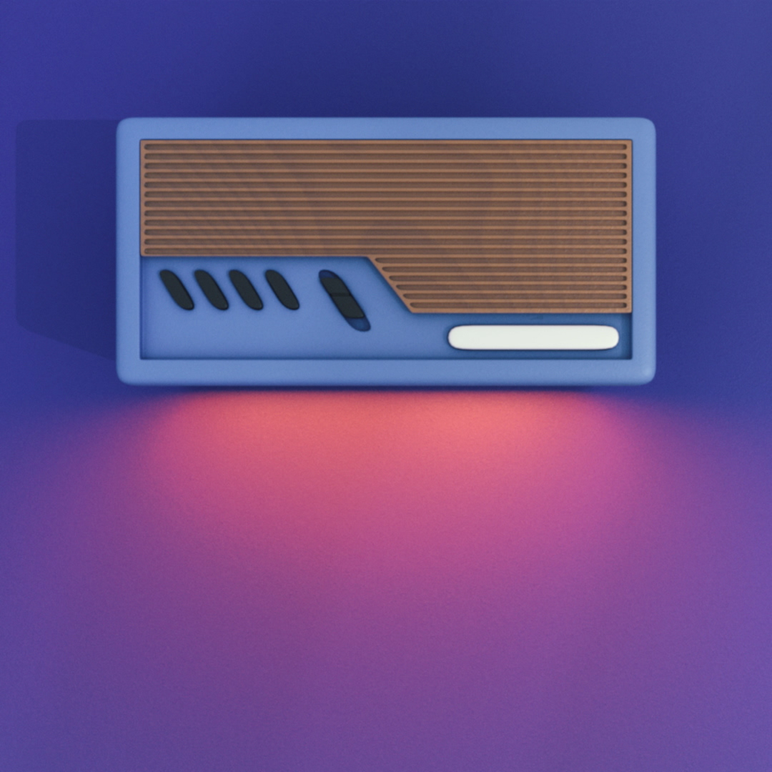 Illustration of a blue retro radio with a brown speaker and orange light against a purple background with a slight gradient.