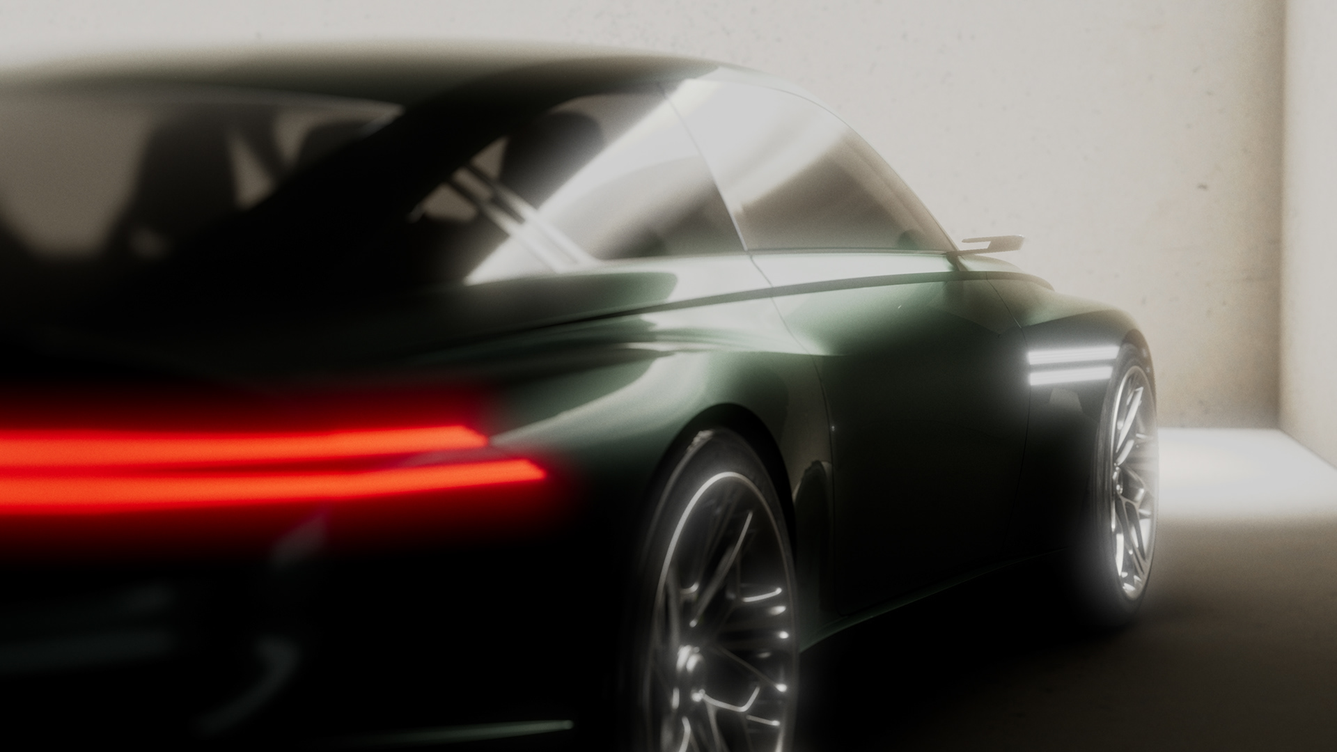 Sleek dark green sedan in a brightly lit garage, captured in a close-up shot showcasing its taillights and modern design.