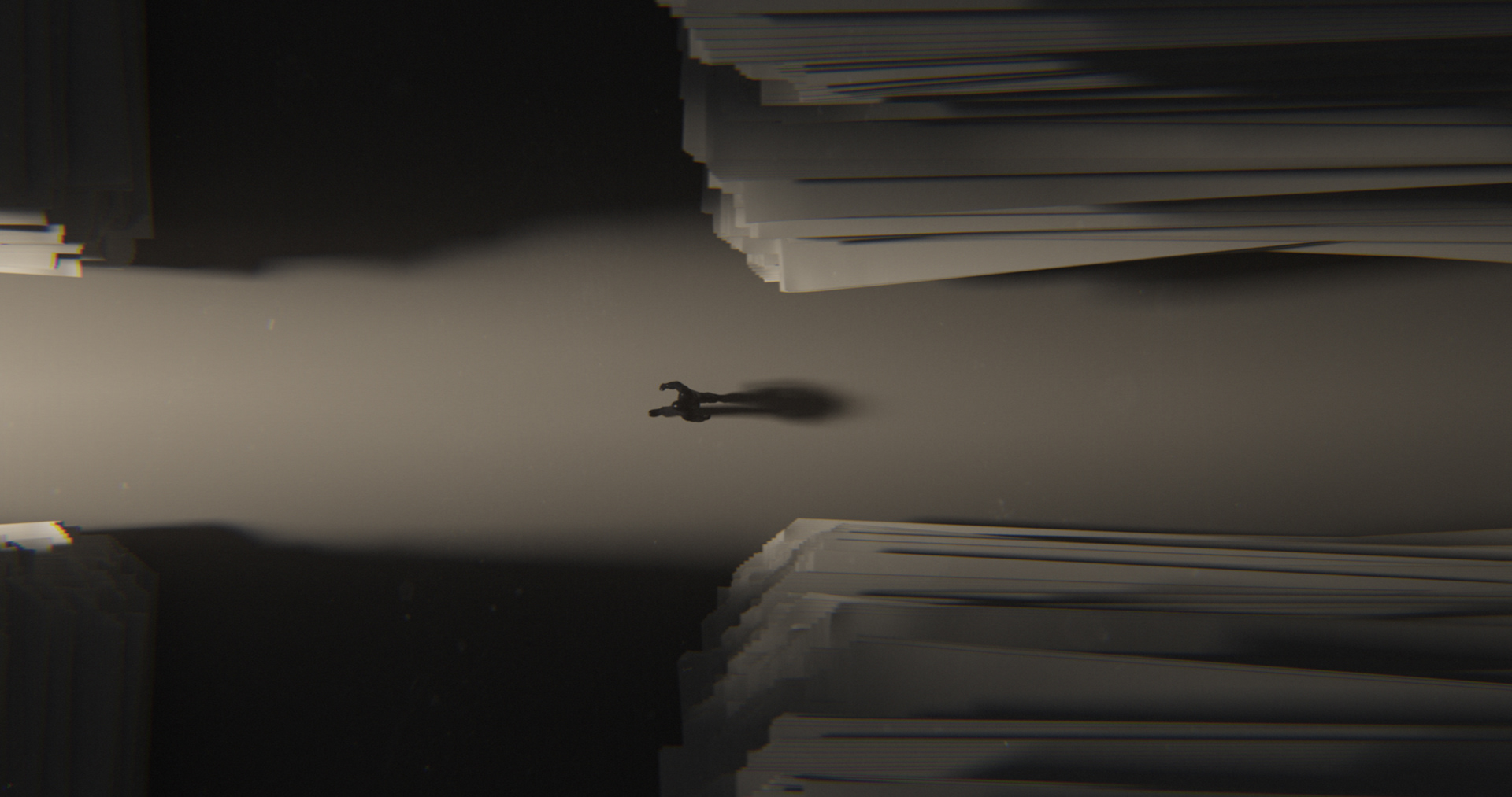 Overhead perspective of an adult walking down a corridor formed by tall, stacked piles of white paper, with dramatic lighting and shadows.