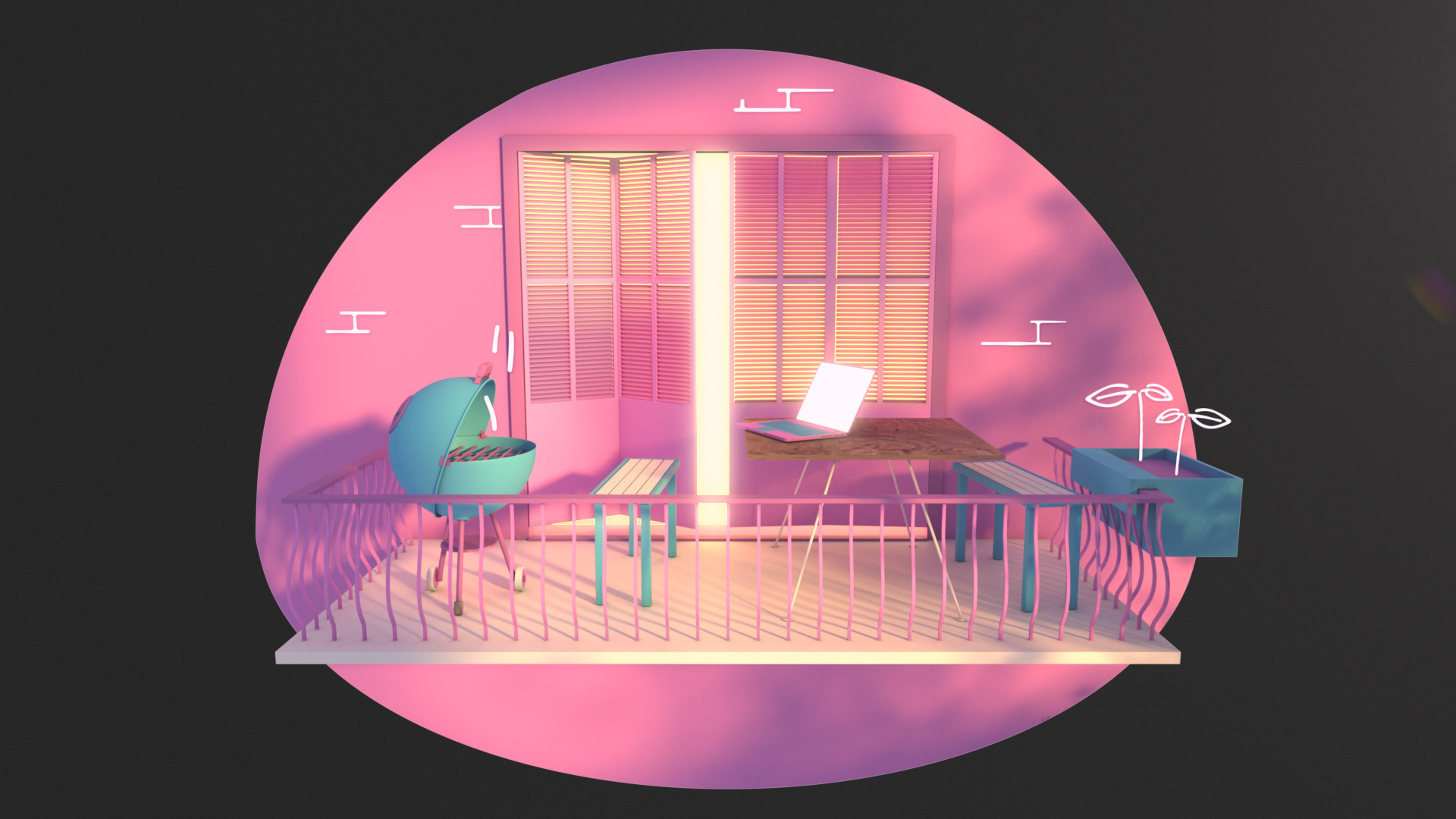 Illustration of a pink balcony with a laptop, grill, bench, and plants, rendered with soft, diffuse lighting and a playful, whimsical style.