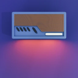 A stylized 3D radio with blue frame, brown speaker grille, and black buttons against a purple gradient background with warm underglow.