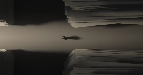 Overhead view of a small human figure walking along a glowing path between towering stacked paper blocks by Break Pixel