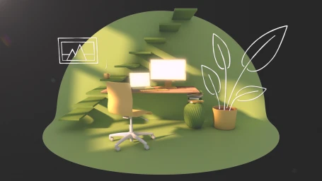 3D rendered green office interior with a desk, computer monitors, a yellow chair, and white line art drawings on the wall.