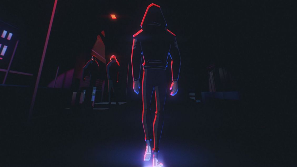 Illustration of a figure in a black hooded jacket and pants walking on a dark street at night, with two figures in the background.