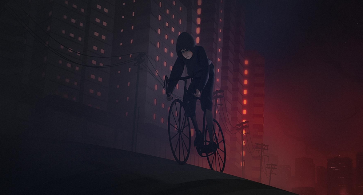 Illustration of a person riding a bicycle in an urban environment at night, with tall buildings in the background. The style is digital art.