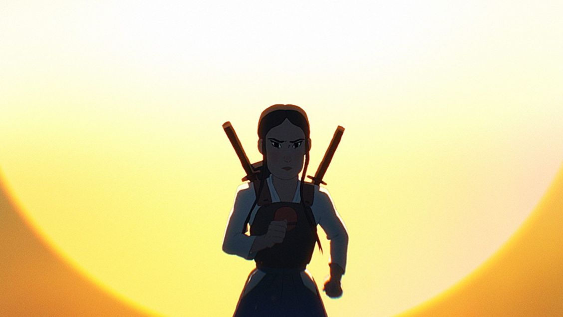 Animated woman running with swords against bright sun. Female character in action pose, stylized animation, sunlit background, swords visible.