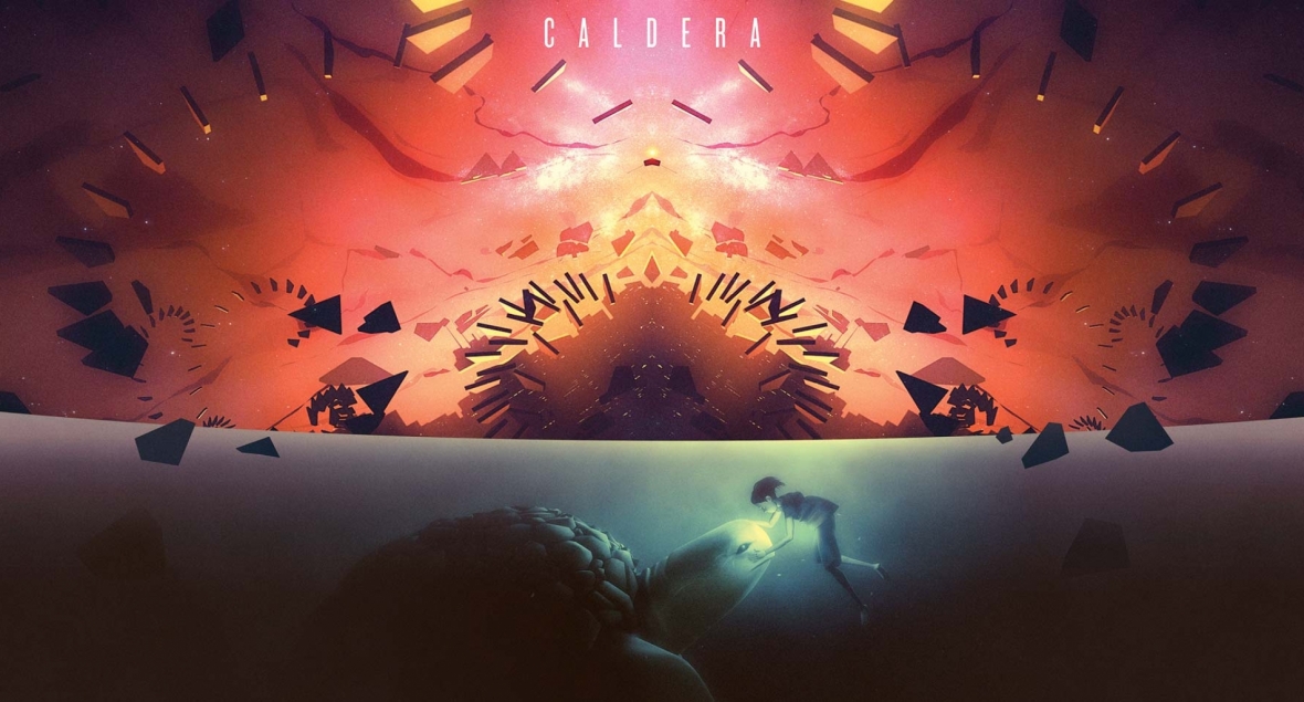 Abstract digital artwork featuring a person interacting with a glowing creature below a stylized, mirrored landscape in orange and purple tones.