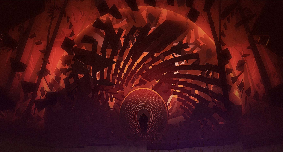Dark fantasy illustration with a person standing inside a tunnel-like structure comprised of geometric forms and vibrant orange and red hues.