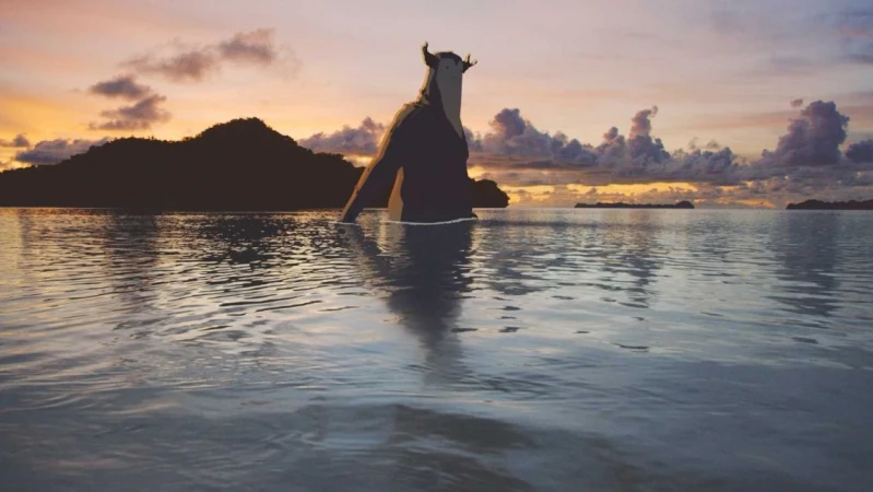 Digital art of a tall, horned figure standing in water at sunset with islands in the distance, creating a surreal, dreamlike image.