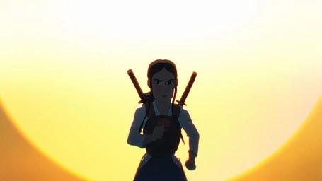 Animated character with swords strapped to her back running against a massive bright glowing yellow sun