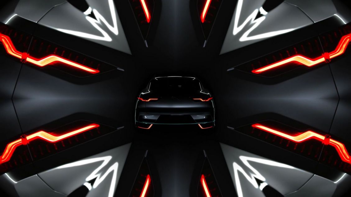 Rear view of a dark-colored sports car with glowing tail lights, set against a patterned black background with white and red neon elements.
