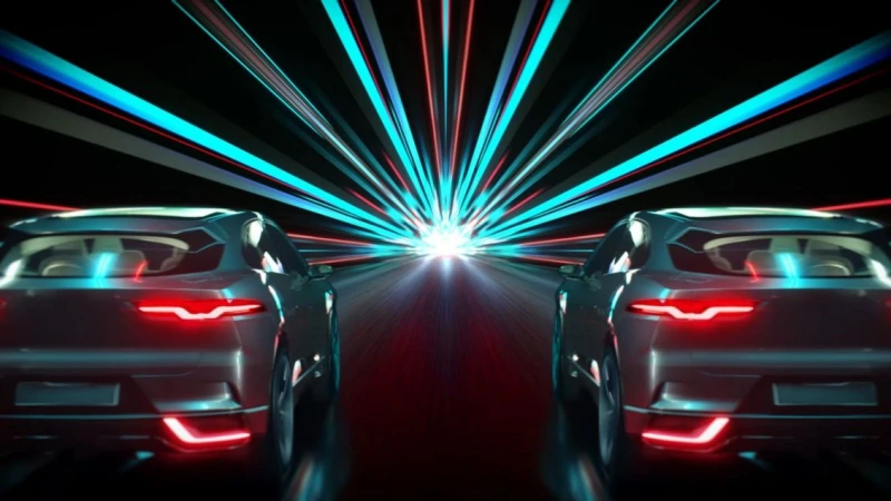 Two sport utility vehicles shown from the rear, symmetrically arranged with bright neon light trails behind them on a dark surface.